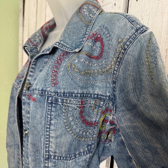 VTG Hearts of Palm Embroidered Denim Jacket Blue Paisley Size 14 L/XL Boho Artsy - Picture 5 of 11